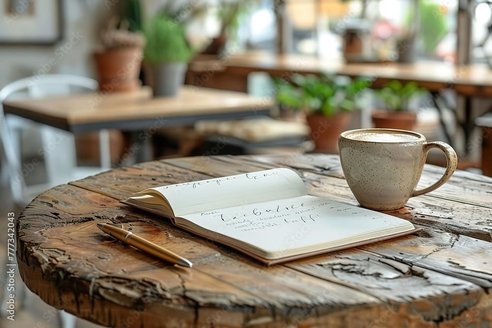 Poster a photo of an open notepad and pen on top of a wooden table with coffee in the background.