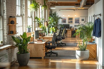 A photo of an open office space with white walls, wooden desks and black swivel chairs - Powered by Adobe