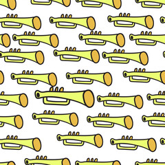 seamless pattern of cartoon trumpet in doodle style in vector. template for background, wallpaper, wrapping, fabric, print