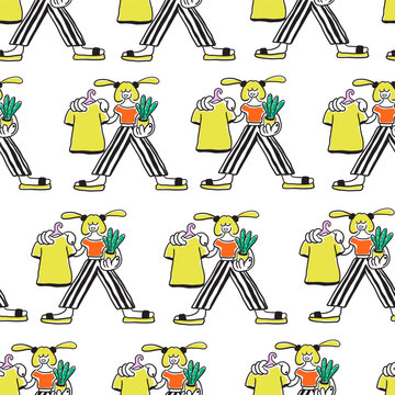 seamless pattern with cartoon girl character in doodle style in vector. template for background, wallpaper, wrapping, fabric, print