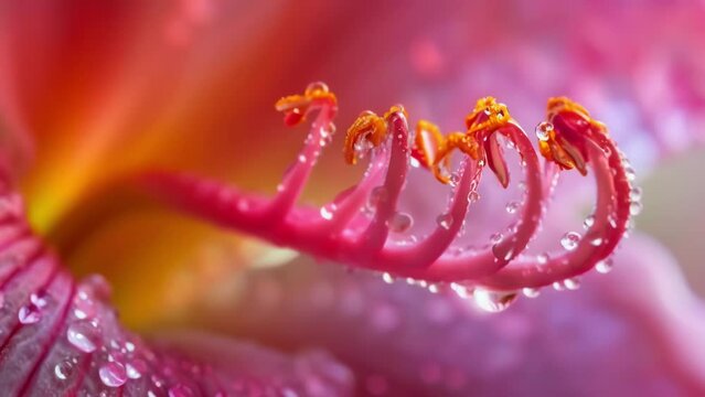 A closeup of a pistil the female organ of a flower showcasing the stunning beauty of its unfurling stigma and elongated style. Tiny . AI generation.