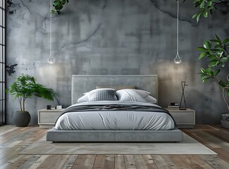 Modern bedroom interior with a gray bed, wooden floor and concrete wall