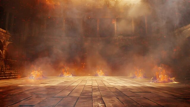 fighting battle arena with flames and dust