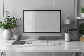 A computer monitor sits on a desk with a keyboard, mouse, and a vase of plants