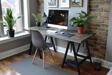 A desk with a computer, a chair, and a potted plant, The desk is made of wood and has a rug...