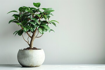 A small potted ginseng tree stands on the white table