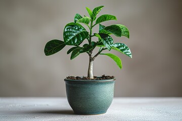 Fototapeta premium A small potted ginseng tree stands on the white table