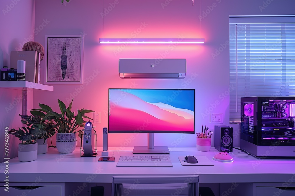 Poster a computer desk with monitors and a keyboard. the desk is lit up with neon lights.