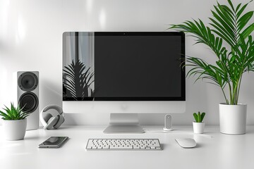 A computer monitor sits on a desk with a plant and a pair of headphones