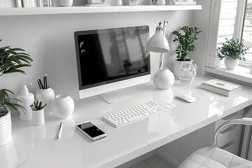A white computer desk with a monitor, keyboard, and mouse