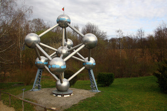 Lichtenstein, Germany - March 29, 2024: Model of Atomium, a landmark modernist building in Brussels, Belgium. Located in Miniwelt, a miniature park in Lichtenstein, Saxony.