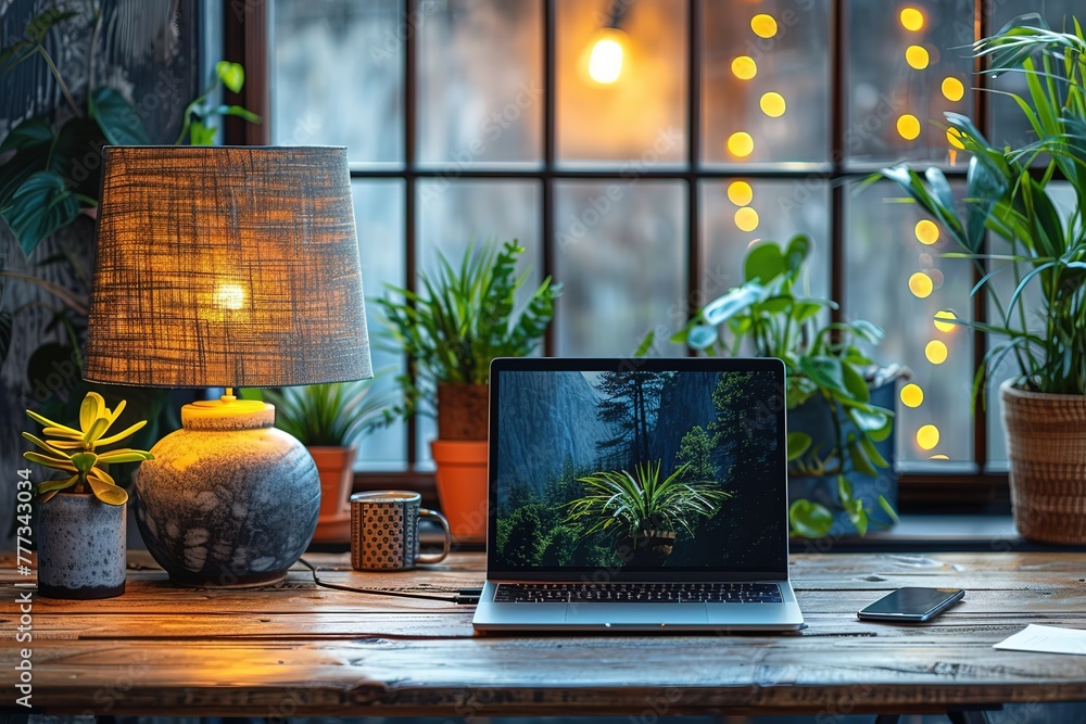Poster a wooden desk with an open laptop and smartphone is illuminated by soft lighting from a lamp on the 