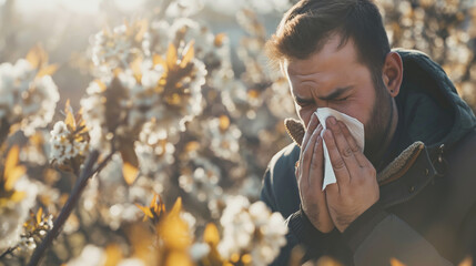 Man sneezing into paper tissue, blooming trees in the background. Person having seasonal allergic reaction to pollen, blooming trees, grass, hay, that causes sneezing, itchy nose and watery eyes. 