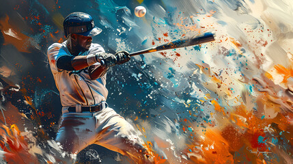 baseball player hitting the ball hard ai generated art - obrazy, fototapety, plakaty