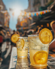 Two plastic cups on a table, filled with a clear water, ice cubes, and garnished with lemon slices. Sunlight illuminates the scene, contributing to a cheerful and lively atmosphere.