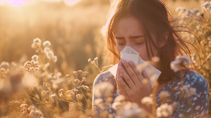 Woman sneezing into paper tissue, blooming trees in the background. Person having seasonal allergic reaction to pollen, blooming trees, grass, hay, that causes sneezing, itchy nose and watery eyes. - obrazy, fototapety, plakaty