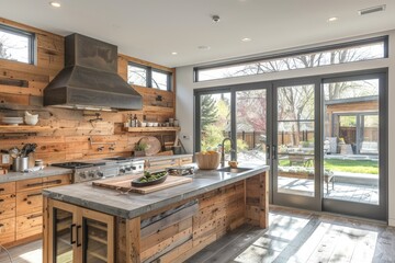 Bright, airy modern kitchen with sleek wooden accents and a beautiful view of the patio outside