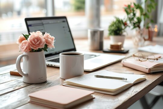 laptop, a white mug and notepad on the desk, pink co tonight in the background