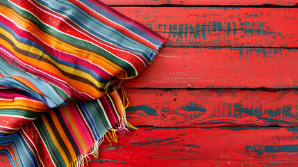 Colorful Mexican serape in the style of background on a wood table, copy space for text. Cinco de mayo. The day of the dead. Dia de los Muertos