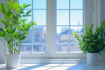 Two potted plants sit on a windowsill, one of which is a small tree