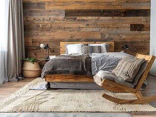 Modern bedroom interior with a wooden wall and comfortable bed, a rocking chair near it