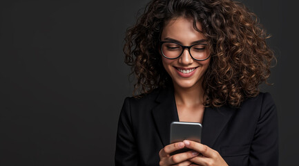 Fototapeta premium portrait of happy businesswoman looking at smartphone, generative ai