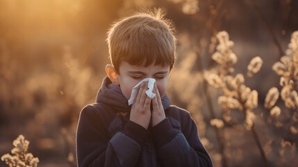 Boy sneezing into paper tissue, blooming trees in the background. Person having seasonal allergic reaction to pollen, blooming trees, grass, hay, that causes sneezing, itchy nose and watery eyes. 