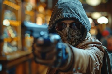 A man examining an antique firearm in a shop filled with vintage items, evoking nostalgia and history