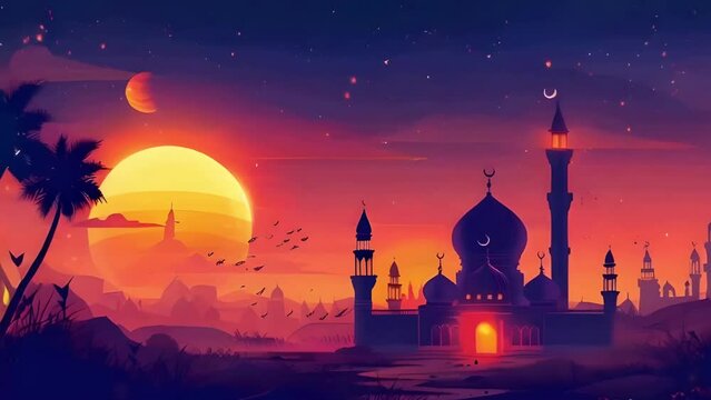 Eid mubarak and ramadan kareem greetings with Islamic celebration, mosque wallpaper background, vector illustration