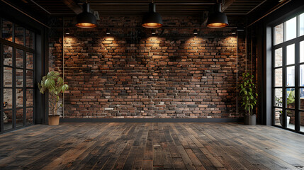Fototapeta na wymiar beautiful background of loft-style interior with brick wall, generative Ai