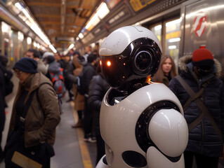 Humanoid robot in the subway with humans