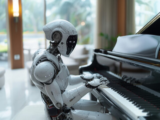 Humanoid robot android playing piano