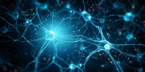 Naklejka na ściany i meble Neurons with dendrites in the nervous system in flicker light, Brain neuron cells concept high communication