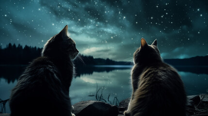 Chat regardant le ciel. Ciel étoilé de nuit. Animal domestique, chat, chaton, mignon. Ambiance calme, zen. Fond pour conception et création graphique. - obrazy, fototapety, plakaty