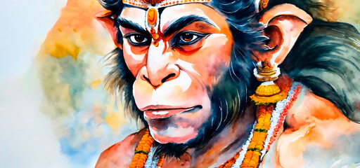 Portrait of Hanuman the Hindu God. In watercolor painting style.