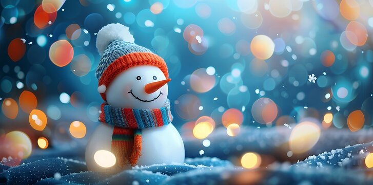 A photograph depicting a joyous snowman wearing a hat and scarf, set against an abstract blue background with softly blurred lights, eliciting a sense of warmth and whimsy.






