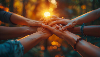 Interlocking hands from a diverse group against a radiant sunset, depicting unity and togetherness