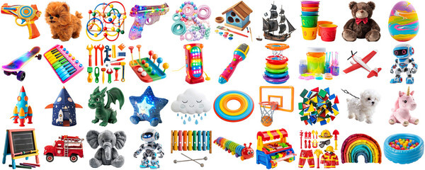 big collection of different toys for children kid, school playroom decor, magnet toy, doll, teddy...