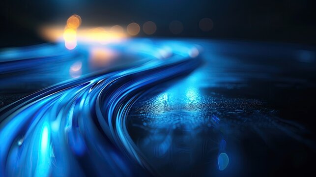Computer generated image of swirling blue lights of road in space