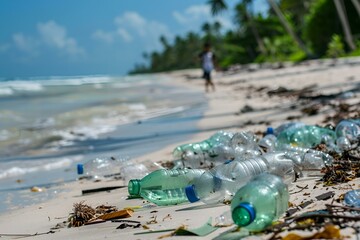 Zanieczyszczenie środowiska - butelki plastikowe na plaży - obrazy, fototapety, plakaty