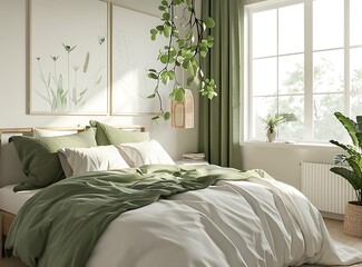 Modern bedroom interior with green decor and poster on the wall, a white wooden bed near the window