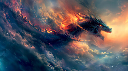 A dragon is flying through a stormy sky with a fiery tail - obrazy, fototapety, plakaty