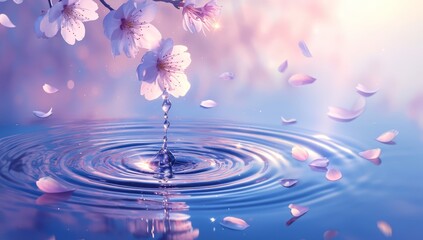 Naklejka na ściany i meble A water drop falling into the pond, surrounded by blooming cherry blossoms, creating ripples on its surface. 