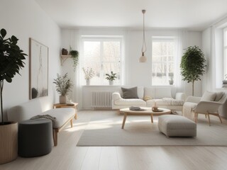 Fototapeta premium A virtual reality room with a minimalist Scandinavian-inspired interior design, featuring clean lines, neutral tones, and cozy furnishings.