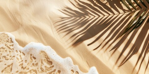 Beige sand background with palm leaf shadow and sea foam texture. summer beach concept, top view