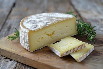 Cheese resting on wood board, vital in food preparation