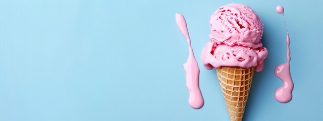 pink ice cream melting on blue background - obrazy, fototapety, plakaty