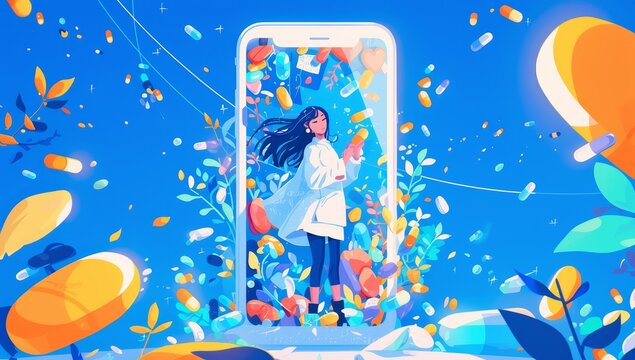 A woman stands behind a phone, inside the screen is colorful pills and bottles of multivit hendes in different sizes. 