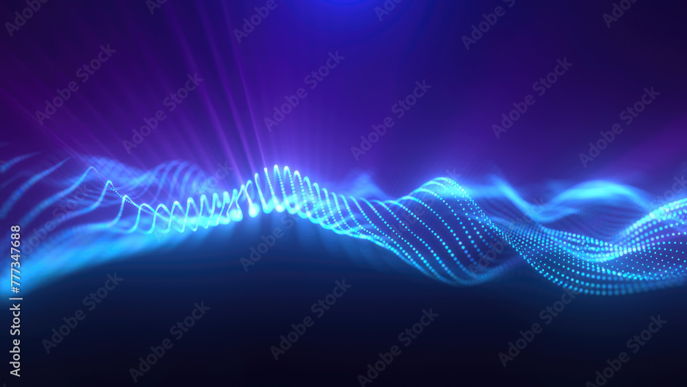 Poster blue energy magic waves high tech digital iridescent morphing with light rays lines and energy parti