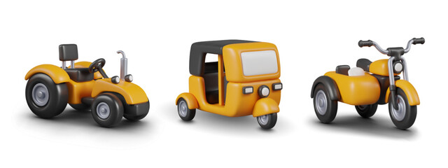 Set of realistic colored vehicles. Farm tractor, autorickshaw, tricycle with sidecar